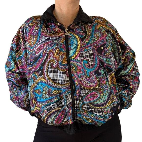 Vintage 80s Windbreaker Jacket Black Paisley  Reversible Bomber Coat Size S Tren - Picture 2 of 13
